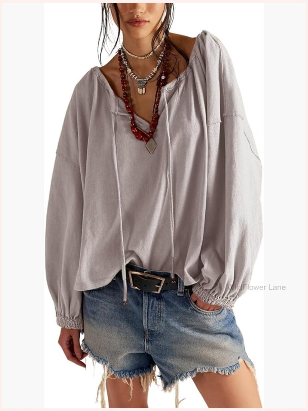 Tie Neck Blouse Drawstring Balloon Long Sleeve Tops Loose Casual Solid Shirts